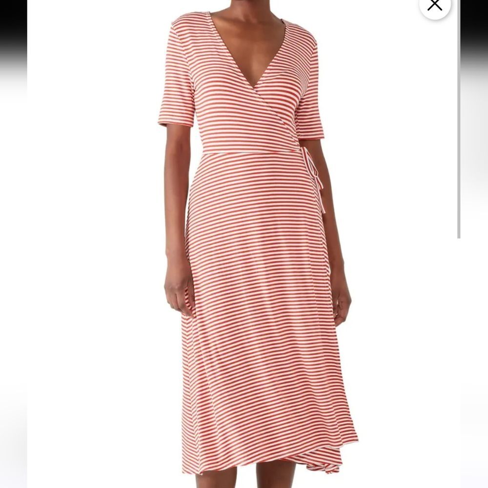525 American Rayon Blend Striped V neck Wrap Midi Maxi Sun Dress Sz L in Red